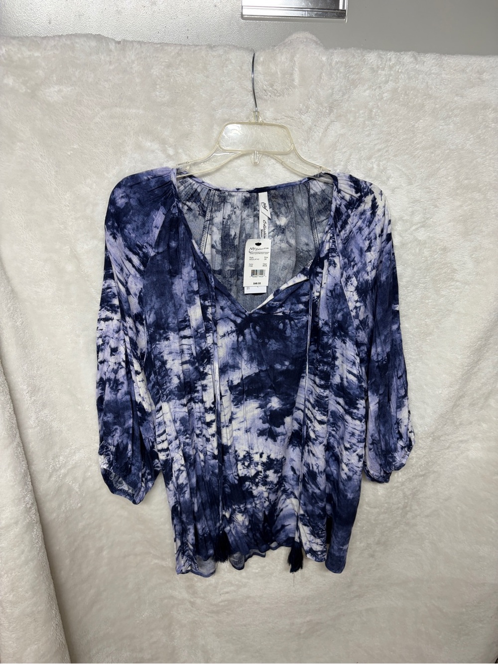 NY Collection Navy Blue Tie-Dye Peasant Tunic